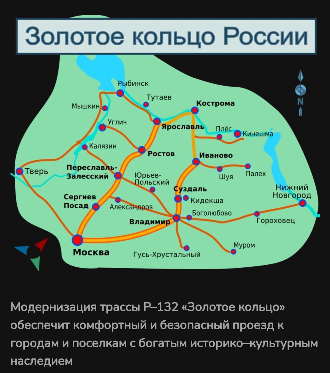 Города золотого кольца России на карте России